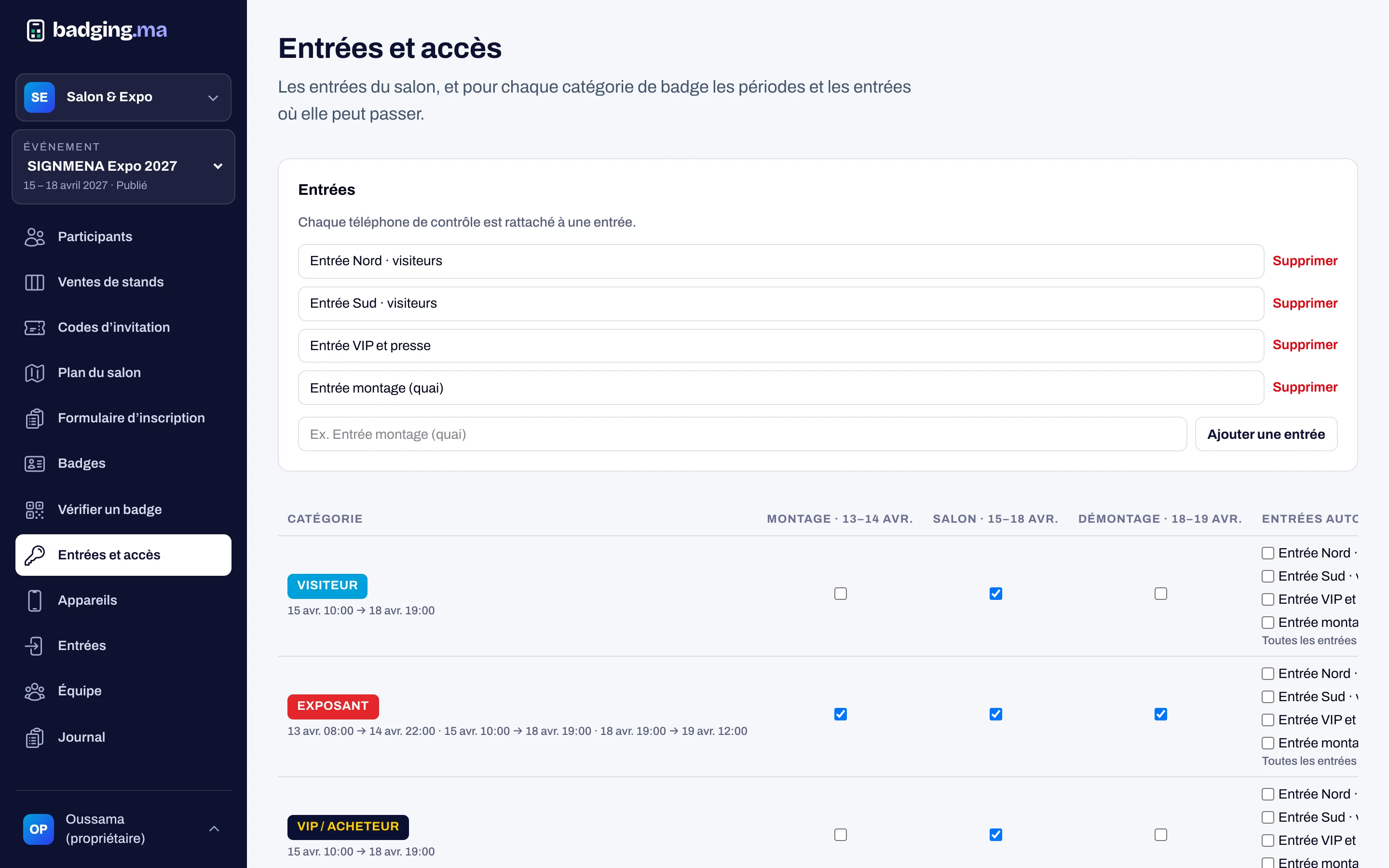 Règles d’accès par catégorie, par jour et par entrée dans la console badging.ma