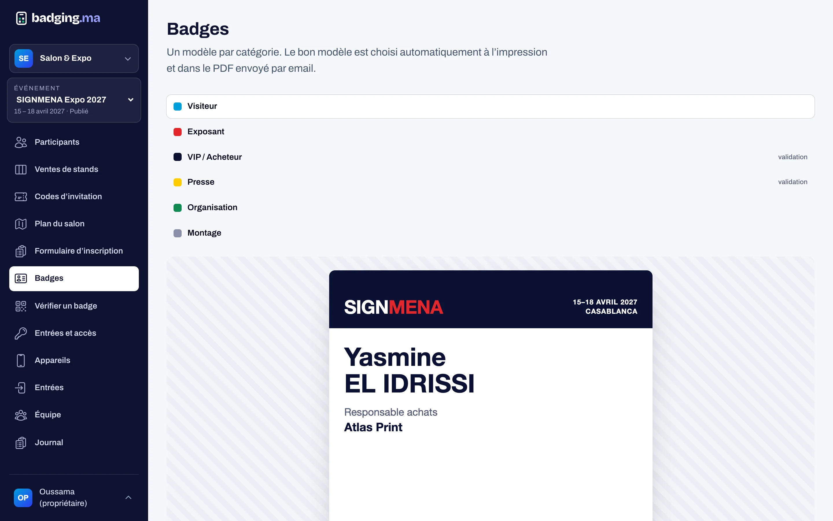 Éditeur de badges badging.ma avec l’aperçu d’un badge SIGNMENA