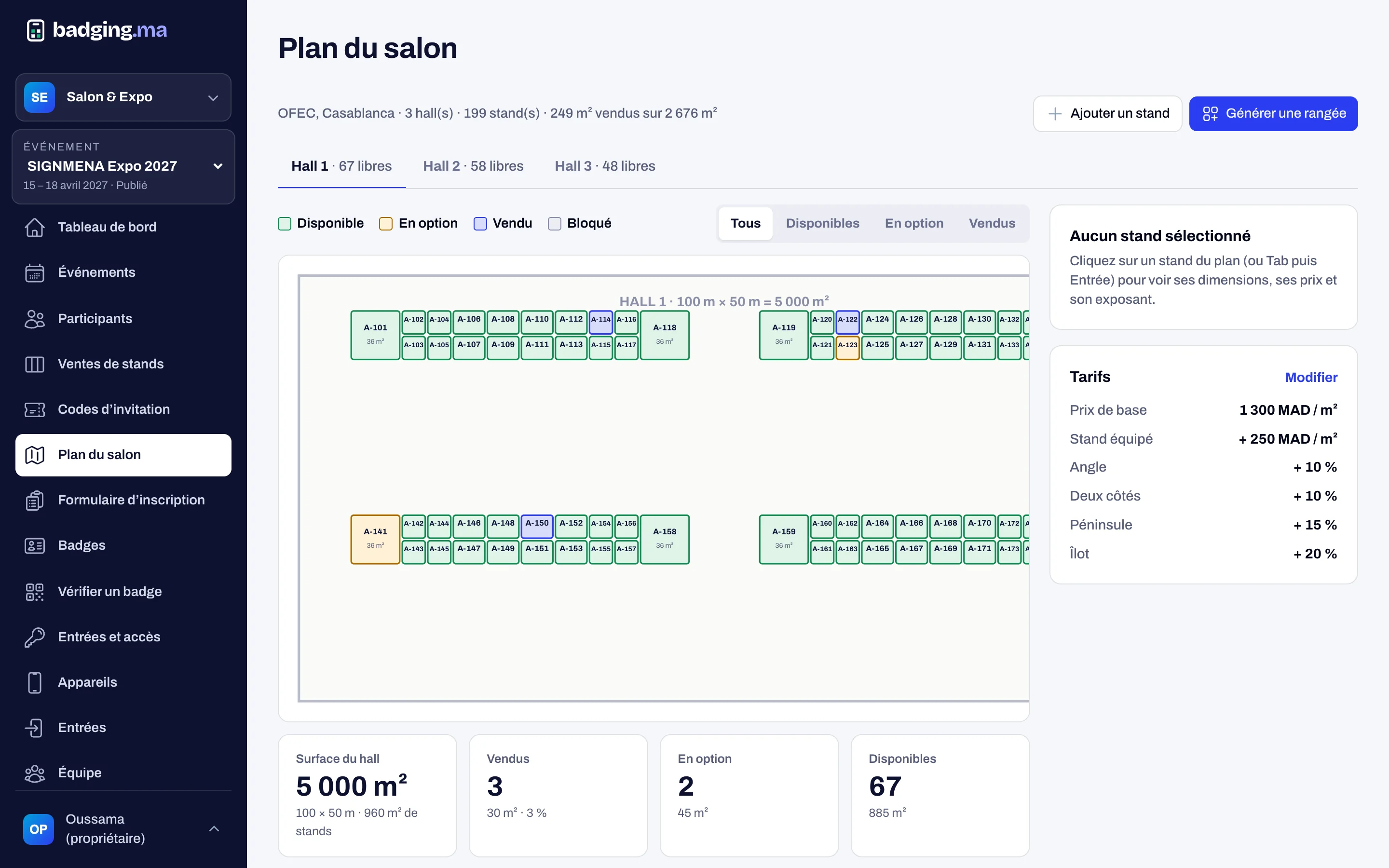 Plan du salon avec stands disponibles, en option et vendus
