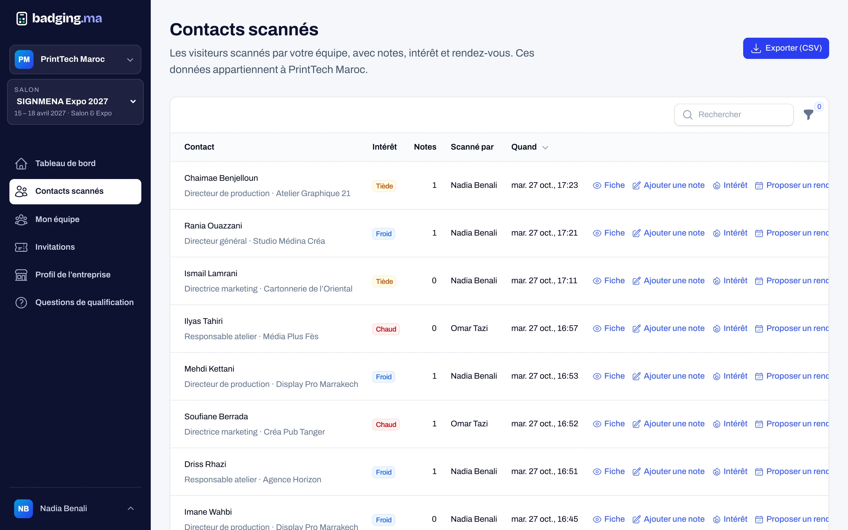 Contacts scannés par un exposant dans son espace badging.ma