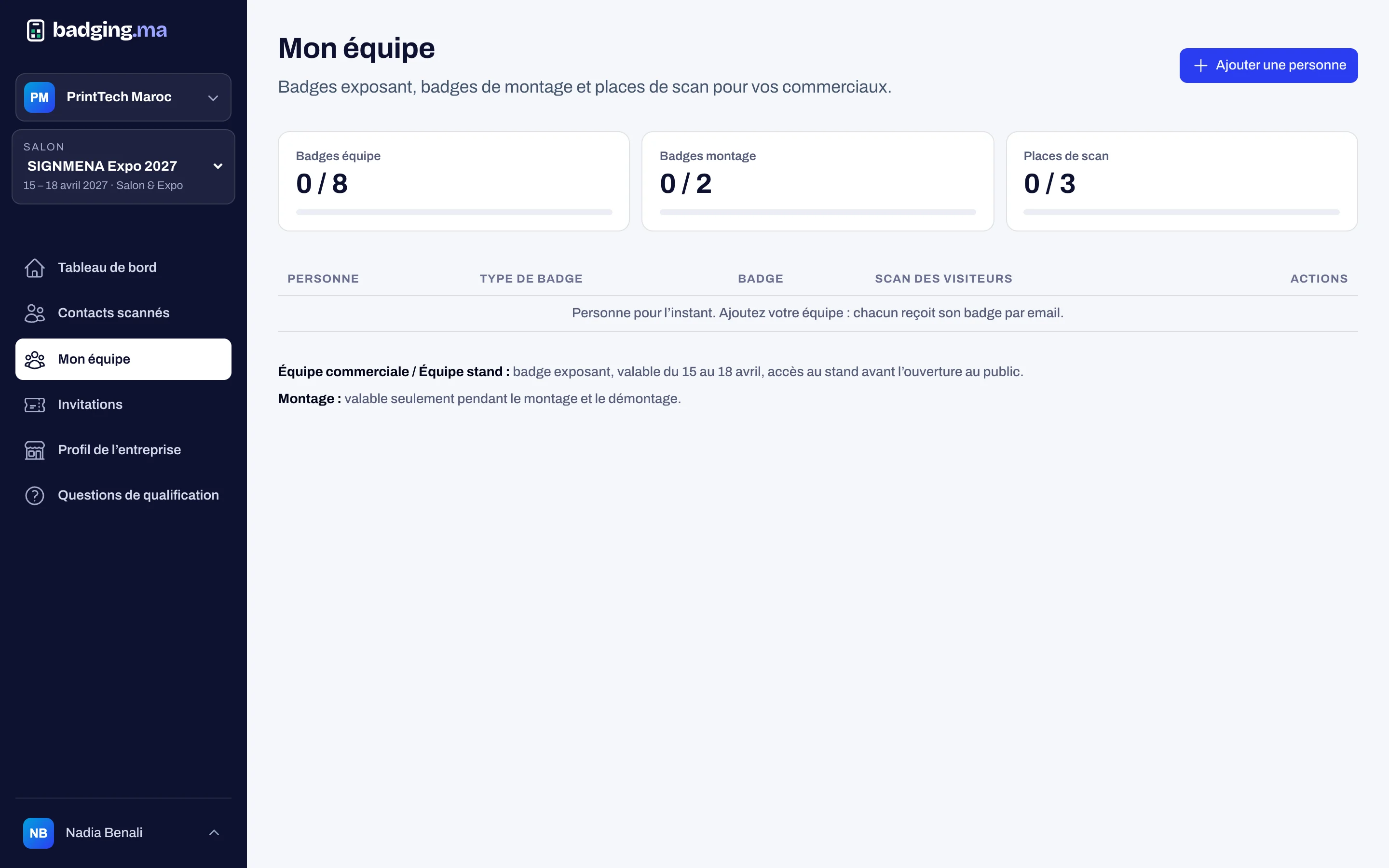 Équipe d’un exposant dans son espace badging.ma